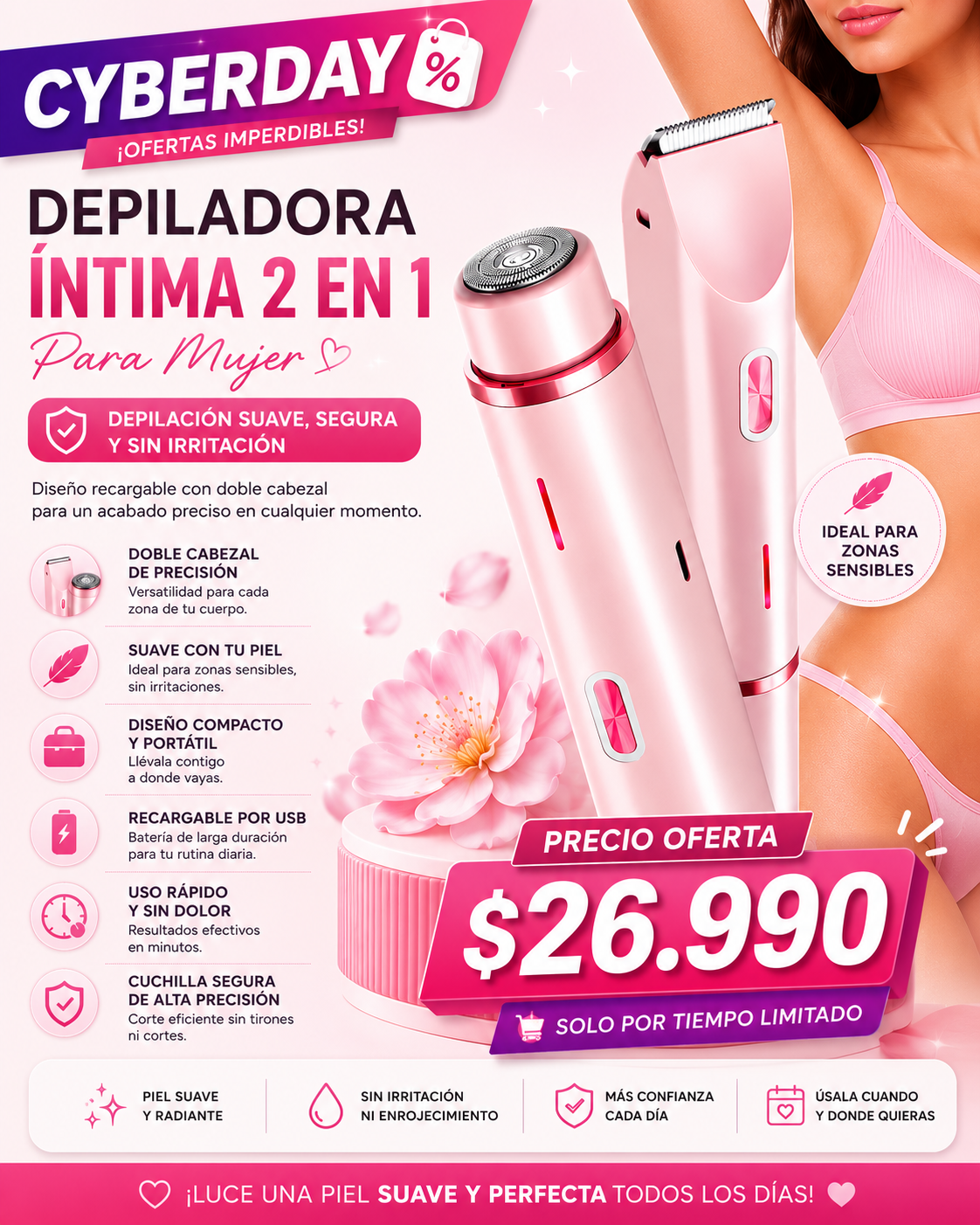 Depiladora Íntima 2 en 1 para Mujer