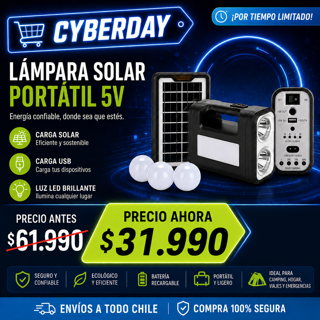 Lámpara Solar Portátil 5V – Energía y luz donde la necesites