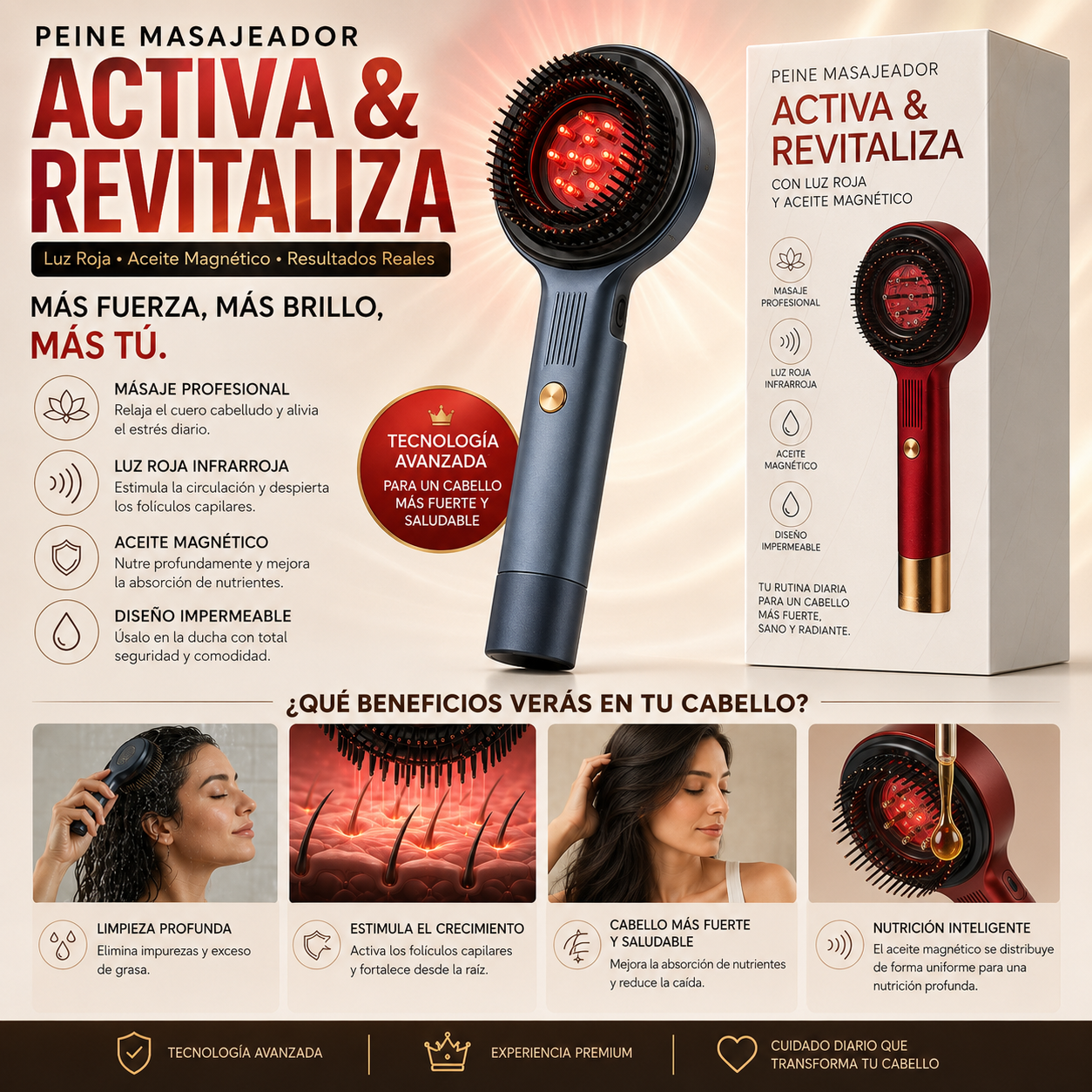Peine Masajeador Capilar LED Infrarrojo | Estimula el Crecimiento y Fortalece tu Cabello